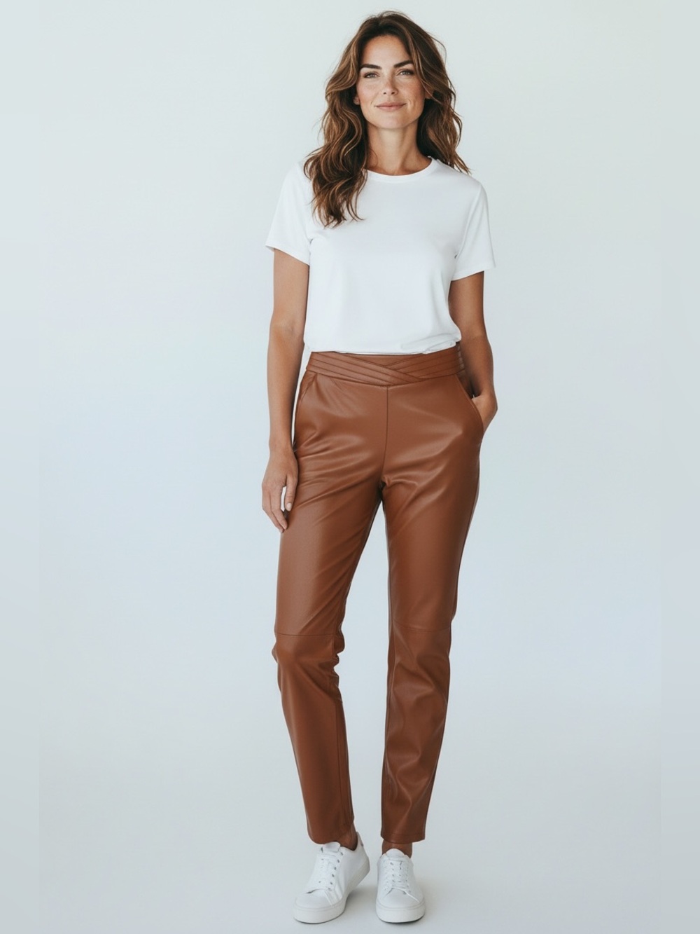 7 For All Mankind Vegan Leather Hi Rise Wrap Waist Brown Pants Size M NWT